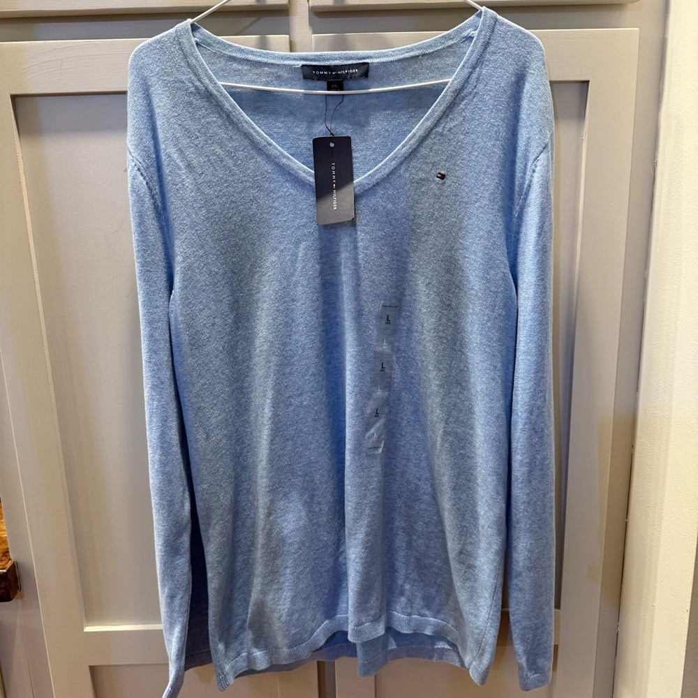 Tommy‎ Hilfiger Women’s Ivy V Neck Pullover Sweater Large Blue Minimalist